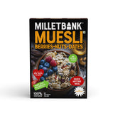 Front side mockup of Millet Muesli (Berries+Nuts+Dates) packaging.